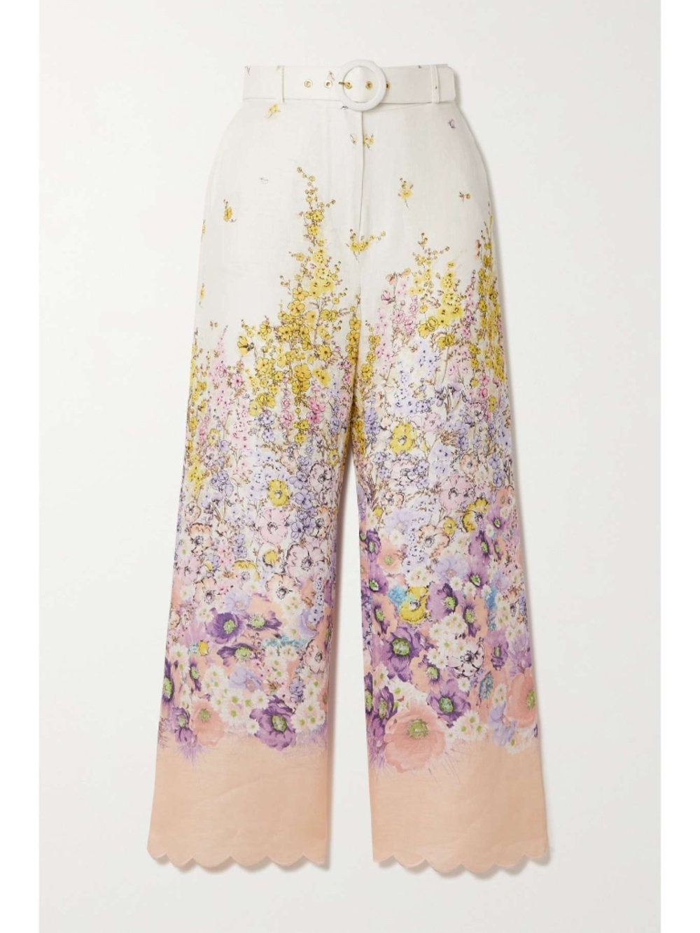 Zimmermann Jude Belted Scalloped Floral Linen Wide-Leg Pants Size 1.